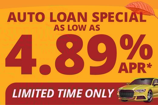 Auto Loan Special Graphic offering a limited time special as low as 4.89% APR on a car loan.
